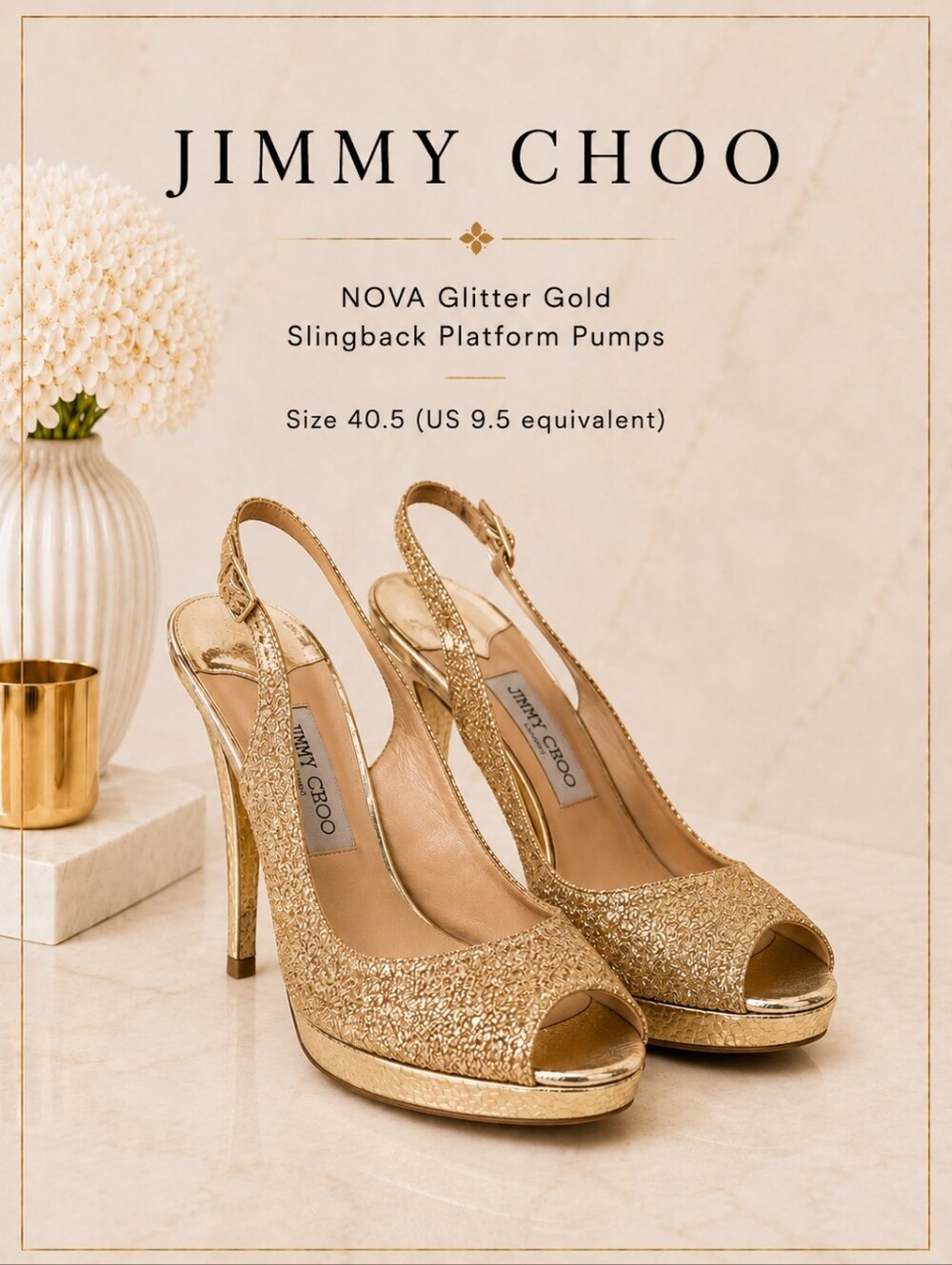 Jimmy Choo Nova Gold Glitter Slingback Platform Pumps 40.5 | 9.5 Made in Italy